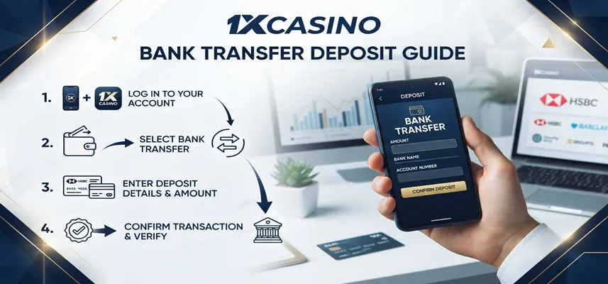Follow the 1xCasino bank transfer deposit guide to fund your account securely.