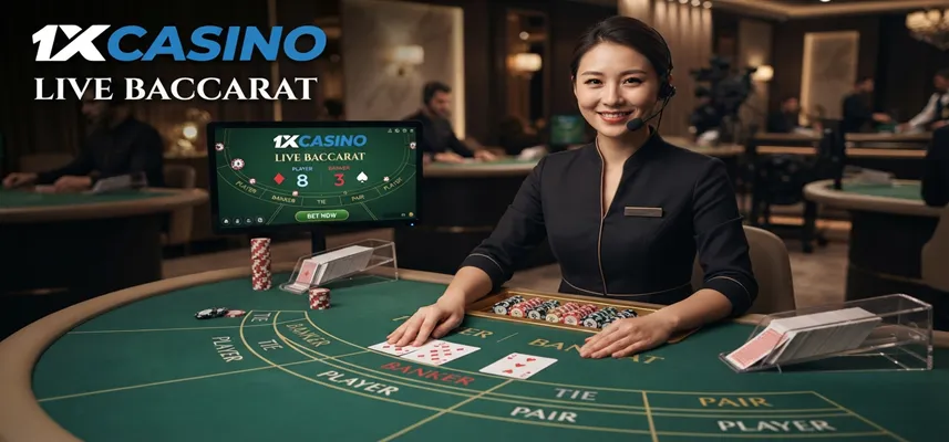 Experience live baccarat at 1xCasino with professional dealers, real-time gameplay, and an authentic casino atmosphere.