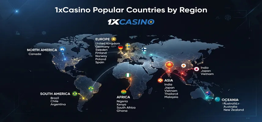 1xCasino popular countries by region with global user locations and supported areas