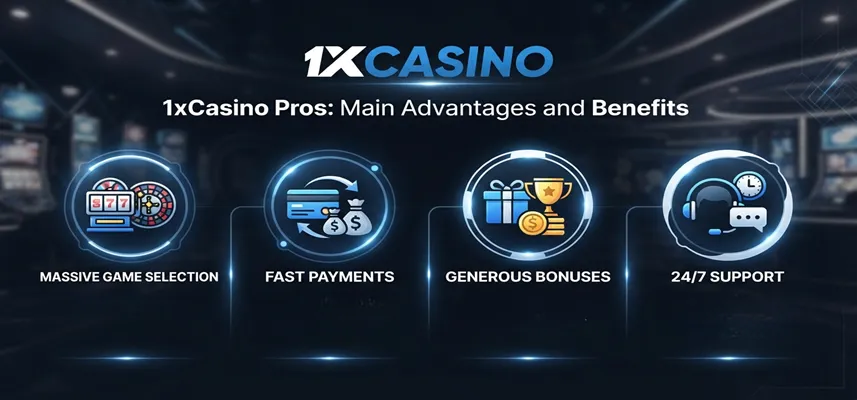 1xCasino main advantages and benefits including game variety, promotions, and user-friendly features