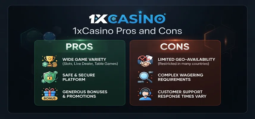 1xCasino pros and cons overview showing the main advantages and disadvantages of the platform
