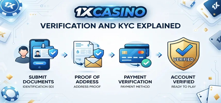 Complete 1xCasino KYC verification guide showing how to verify your account and unlock secure gaming features