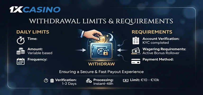 Review 1xCasino withdrawal limits, verification requirements, and payout rules before requesting a withdrawal.