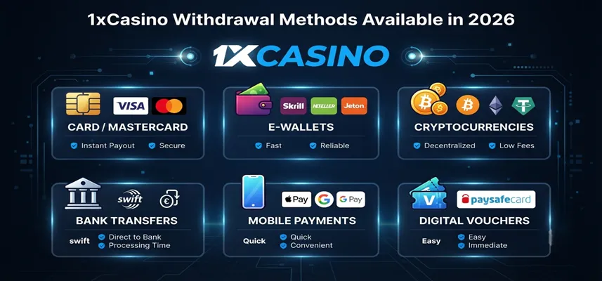 Available 1xCasino withdrawal methods including fast and secure payment options