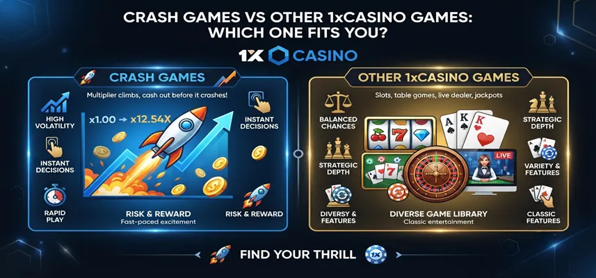 Crash games vs other 1xCasino games comparison to choose the right casino game