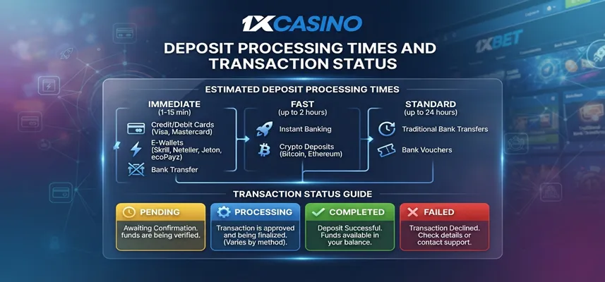 Illustration explaining 1xCasino deposit processing times and transaction status updates