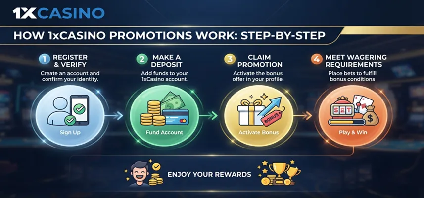 How 1xCasino promotions work step-by-step guide showing bonus activation process