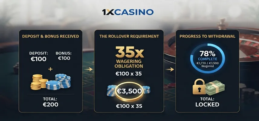 Illustration showing how 1xCasino rollover requirements work for casino bonuses and free spins