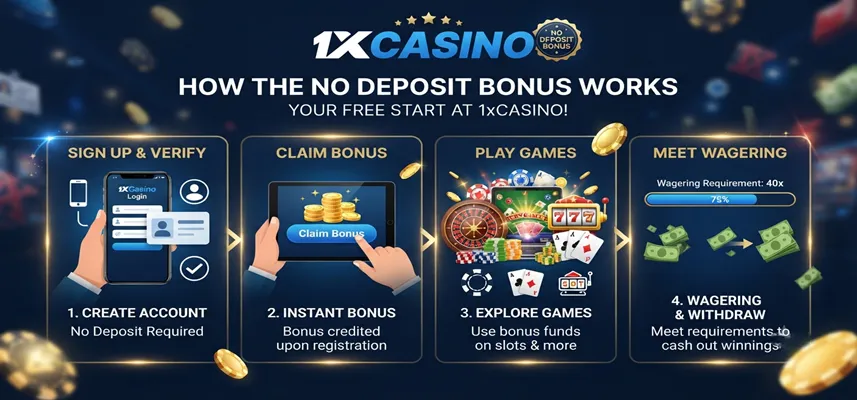 Guide explaining how the 1xCasino no deposit bonus works, including eligibility rules and bonus conditions