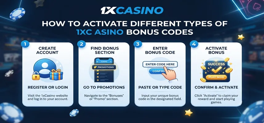 How to activate different types of 1xCasino bonus codes for available promotions