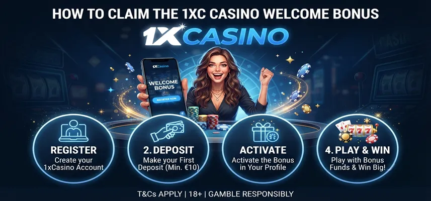 Step-by-step guide showing how to claim the 1xCasino welcome bonus after registration and first deposit