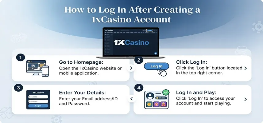 Guide explaining how to log in to a 1xCasino account after completing registration