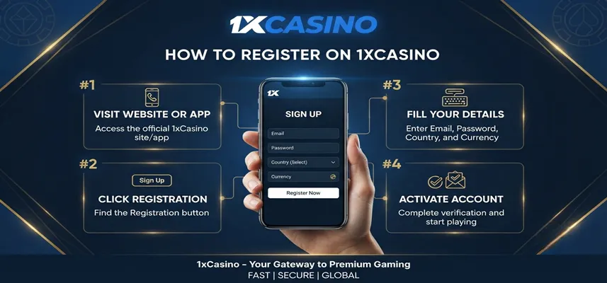 1xCasino registration guide showing how players can create an account from their country