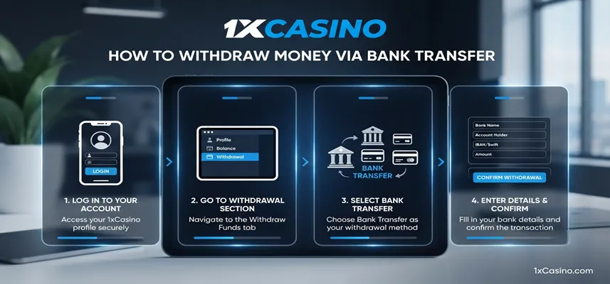 Learn how to withdraw money using a bank transfer at 1xCasino quickly and securely.