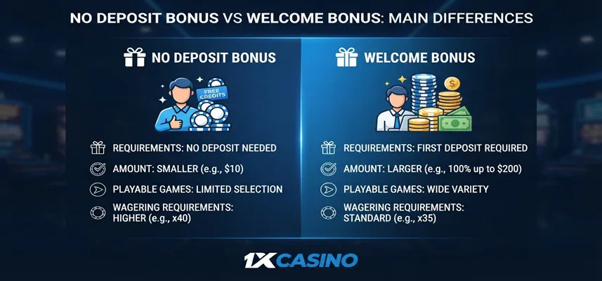 Comparison of 1xCasino no deposit bonus and welcome bonus features, requirements, and player benefits