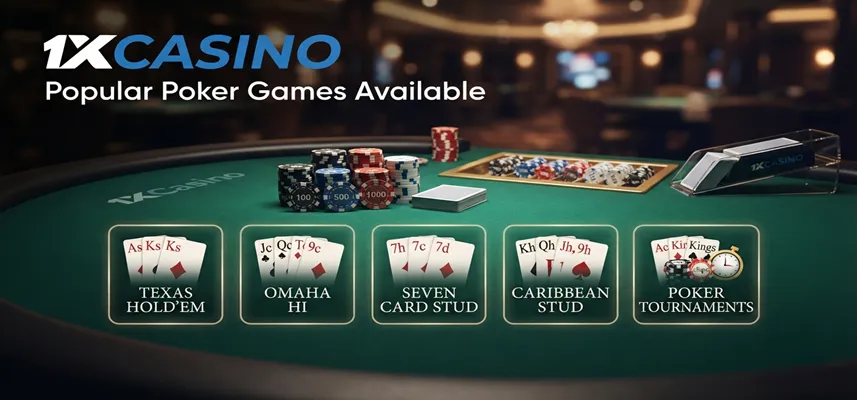 Explore popular poker games at 1xCasino including different variants and gameplay options