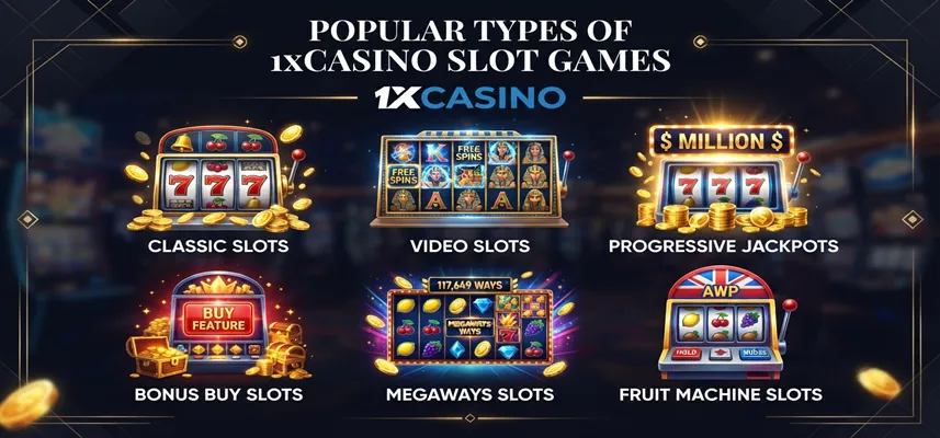 Popular types of 1xCasino slot games including classic, video, and themed slots