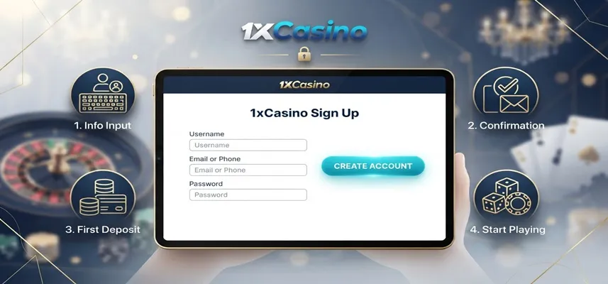 Step-by-step guide showing how to create a 1xCasino account through the registration process