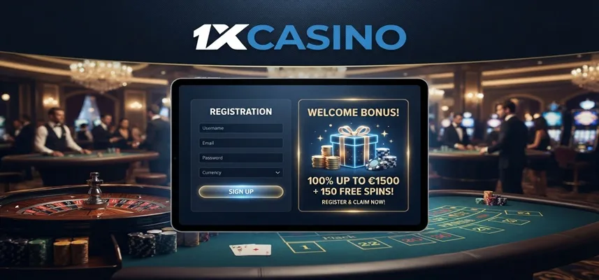 1xCasino registration and welcome bonuses available after creating a new account